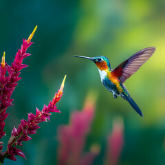 Fototapeta premium Hummingbird hovering and perched on a colorful flower