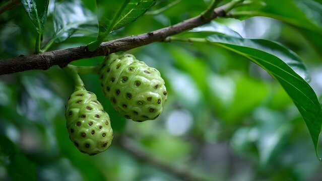 A close-up macro photo of a green noni (Morinda citrifolia) fruit hanging from a branch in a lush tropical garden
