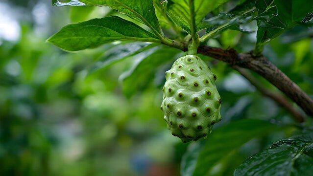 A close-up macro photo of a green noni (Morinda citrifolia) fruit hanging from a branch in a lush tropical garden