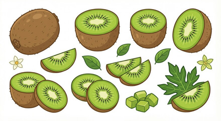 Fototapeta premium Fresh and Vibrant Kiwi Fruit Arrangement with Halves, Slices, Diced Chunks, and Green Leaves – Perfect for Healthy Eating and Sweet Treats