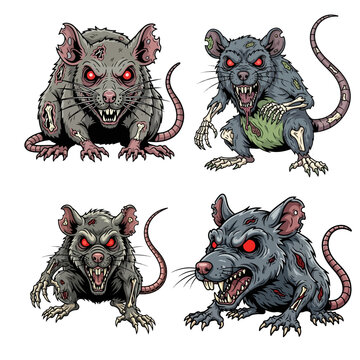 Zombie rat character set with red eyes and wounds vector illustration isolated on white background