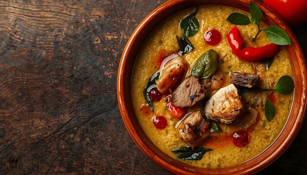 Cameroonian Egusi in deep artisanal terracotta ceramic bowl, thick ground melon seed soup in yellow-cream color with characteristic grainy texture