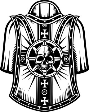 SVG mechanical skull mech tattoo design vector. Intricate skull and cross design on a medieval inspired armor