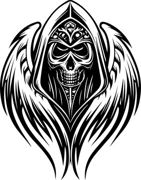 SVG mechanical skull mech tattoo design vector. Dark Gothic Skull with Wings and Hood Abstract Design Artwork