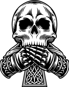 SVG mechanical skull mech tattoo design vector. Intricate Skull Design with Gloved Hands and Celtic Pattern
