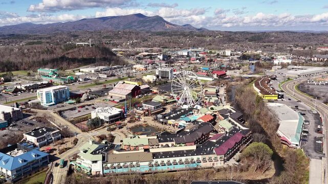 Aerial footage over downtown Pigeon Forge, TN including The Island.