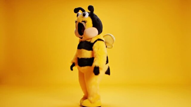 3D cartoon bee mascot dancing, person in fluffy furry bee costume, cute and funny movements, bright yellow background, minimal scene, soft studio lighting, seamless loop animation, centered compositio