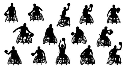 Wheelchair basketball action silhouettes vector set of inclusive athletes dribbling passing and shooting © HoriProshad