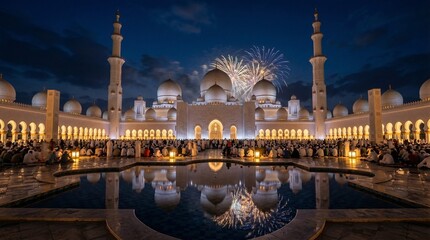 Fototapeta premium Celebration Eid at Grand Mosque with Fireworks and Reflective Pool. A cinematic night landscape of the Sheikh Zayed Grand Mosque in Abu Dhabi, featuring thousands of people gathered for Eid.