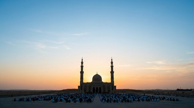 Eid Morning Prayer Gathering at Grand Mosque at Sunrise. A cinematic wide angle shot of a large congregation of people performing morning prayers in a grand mosque courtyard at dawn, with the mosque.