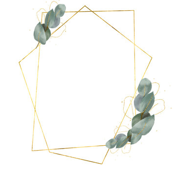Metallic Gold Geometric Frame with Botanical Accents on Transparent Background. Evoking modern sophistication, natural beauty, and artisanal charm. A luxurious metallic gold geometric frame