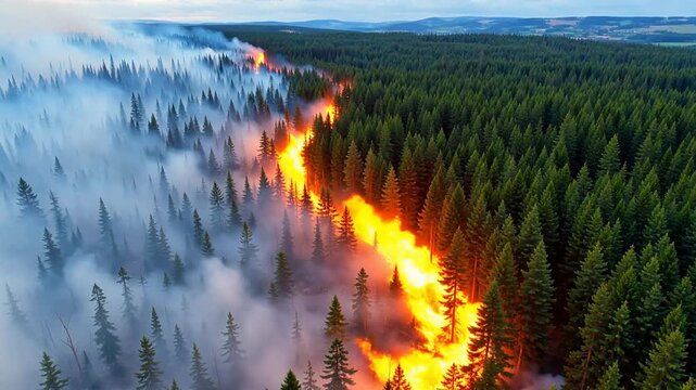 Forest fire burning through trees