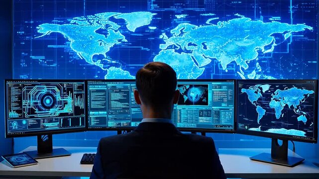 Man in suit working on multiple computer screens