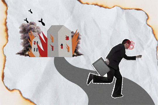 War collage urgency A businessman fleeing from destruction.
