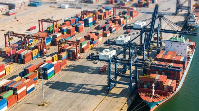 Busy commercial port shipping trade hub container yard cargo ship harbor dock crane logistics aerial view vibrant busy scene