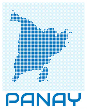 Panay digital style map with blue rounded rectangle dots. Philippines. Dotted shape of the island. Panay blue colored map and title on white background. Amazing Vector Illustration.