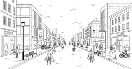 City street line art vector featuring people shopping walking and cycling past cafes and retail stores in urban landscape © NURUL