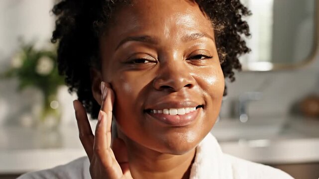 Woman enjoys facial massage with rose quartz roller for skincare and relaxation