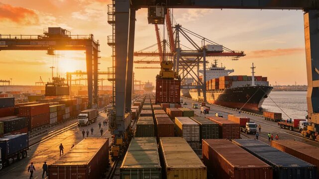 Container port shipping trade logistics at sunset with cargo vessel crane operation busy freight terminal dock harbor scene
