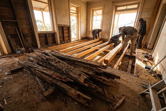 Construction workers replacing termite damaged floor joists