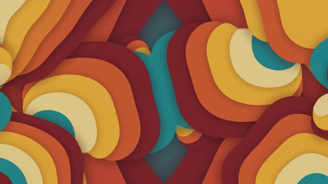Abstract groovy looping animation of retro colorful layered shapes in a 1970s style