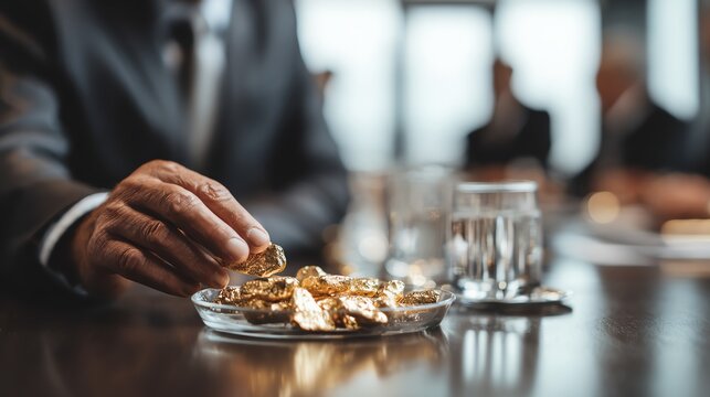 Businessman boardroom presentation on gold and silver investment opportunities, focused on sustainable asset growth