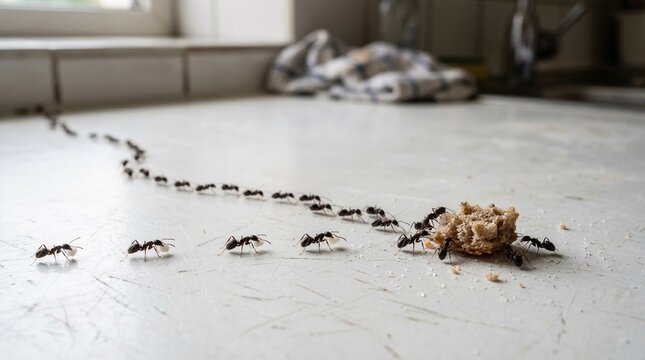 A chain of black ants on a light surface carries bread crumbs in a row