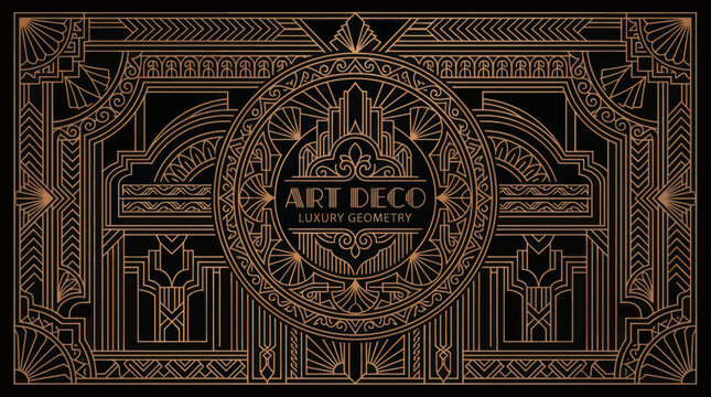 Art Deco Geometric Pattern with Golden Lines and Cityscape Silhouette.
