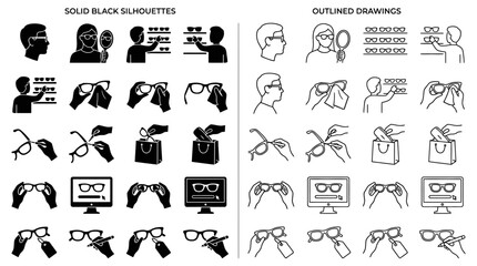 Naklejka premium Eyewear Shopping Vector Icons Pack – Solid Black Silhouettes and Outlined Drawings of Glasses, Mirror, Computer, Bag, Hands Holding Eyewear, Minimalist Line Art Vector