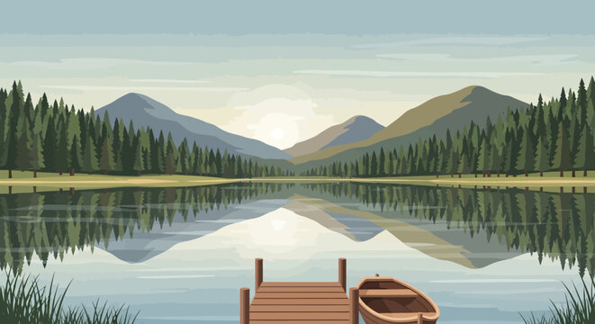 Serene lake landscape with wooden dock and small boat
