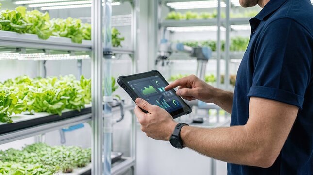 Agricultural engineer monitoring vertical farming system with digital tablet, smart hydroponics and indoor plant cultivation technology, sustainable urban agriculture with robotics