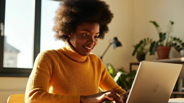 Smiling young Black woman with an afro hairstyle intently working on her laptop in a sun-drenched home office, a scene embodying the modern spirit of International Youth Day and Indigenous Peoples Day