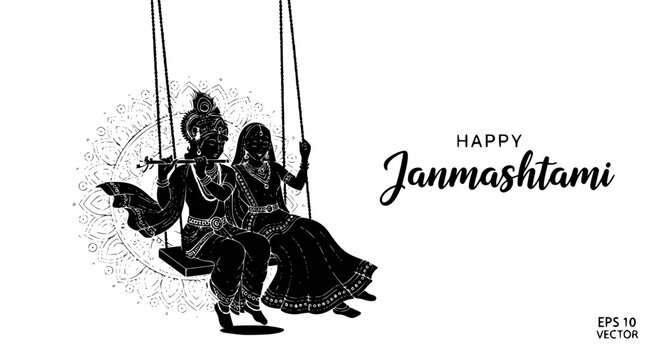 Happy Janmashtami Typography with Radha Krishna Swing Silhouette Vector Illustration