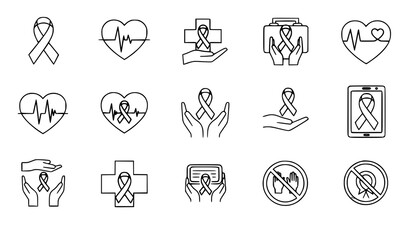 Fototapeta premium Breast cancer support healthcare icons vector awareness ribbon symbol set