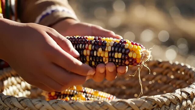 Youthful hands shell vibrant multicolored corn into a woven basket, celebrating ancestral agricultural traditions, a perfect image for International Youth Day and Indigenous Peoples Day.