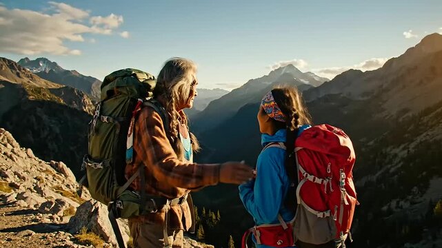 Generations connect on a rugged mountain trail, sharing wisdom under golden light, a powerful visual tribute to International Youth Day and the enduring spirit of Indigenous Peoples Day.