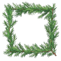 Fototapeta premium Decorative green pine branches forming a square frame for seasonal designs and greeting cards