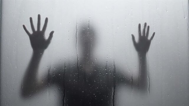Silhouette of person with hands on wet glass