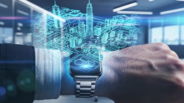 Businessman with future smartwatch leverages artificial intelligence technology. Innovative city hologram projects advanced augmented reality