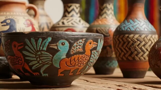 Handcrafted pottery with vibrant folk art animals and patterns on rustic wood, celebrating heritage, International Youth Day and Indigenous Peoples Day.