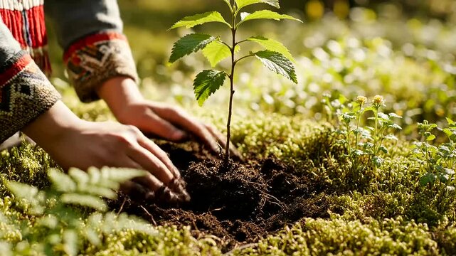 Hands plant a young tree, symbolizing environmental responsibility and cultural connection for Indigenous Peoples Day and International Youth Day.