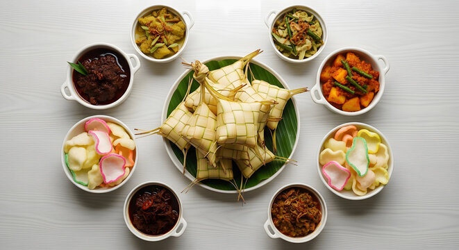 Traditional Indonesian Eid Al-Fitr Feast with Ketupat, Rendang, and Assorted Side Dishes