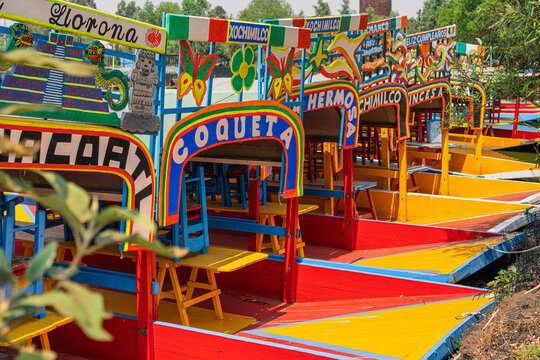 Colorful Trajineras Boats Docked at Xochimilco Canals in Mexico City