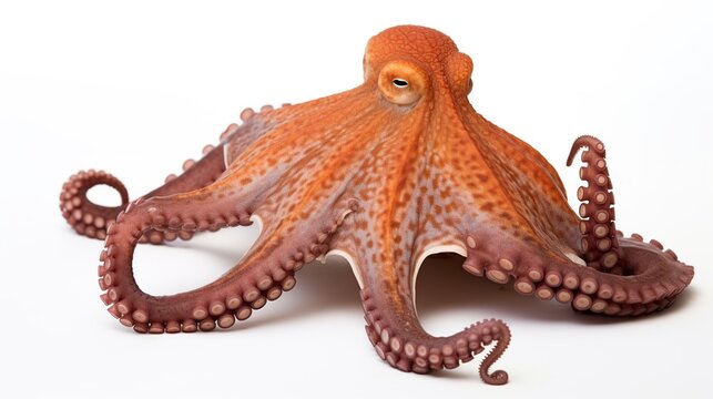 Bright orange octopus with extended tentacles sprawled across white background