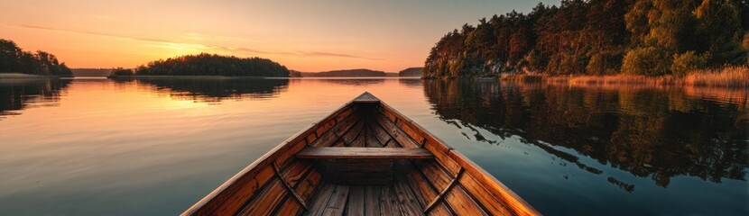 Obraz premium A serene sunset view from a wooden boat, reflecting calm waters surrounded by lush islands and gentle waves.