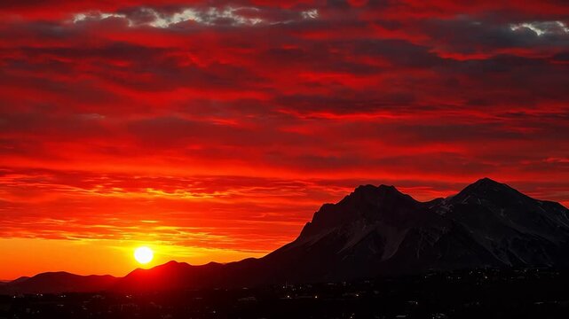 Vivid red sunset over mountain range