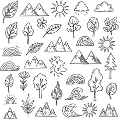 Obraz premium Hand-drawn collection of natural elements and weather symbols, including mountains, trees, sun, clouds, and waves, perfect for various design projects and illustrations