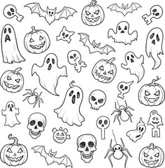 Fototapeta premium Collection of classic Halloween icons including ghosts, pumpkins, bats, spiders, and skulls, perfect for holiday decorations and crafts