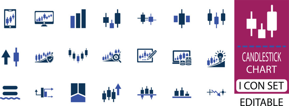 candlestick chart icon set - solid icon collection vector illustration design. A candlestick chart displays price movements, trends, and market sentiment using colored bars over time.