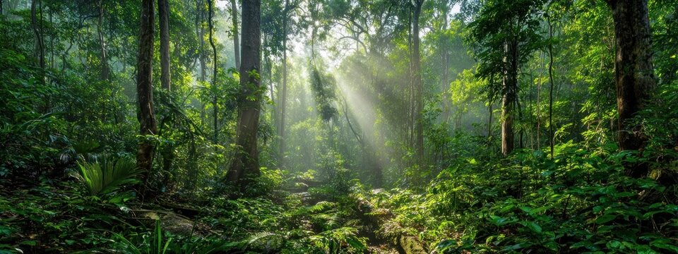 A lush forest scene with vibrant greenery and rays of sunlight filtering through the trees, creating a serene and tranquil atmosphere.